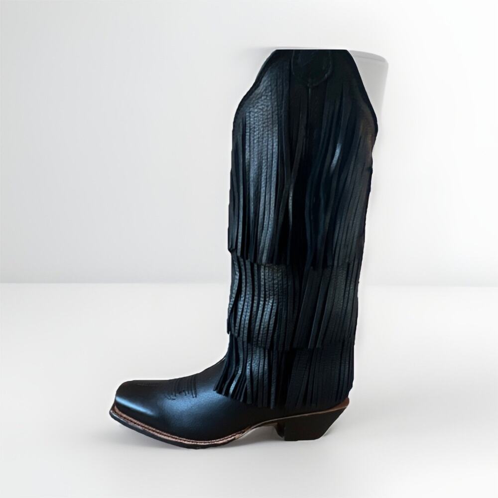 Twisted X Steppin' Out 13" Black Deer Tan Western Fringe Boots Women's Size 5.5